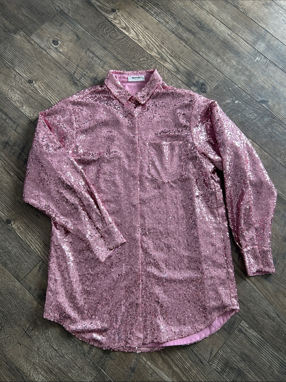 Sequin Long Sleeve Party Shirt Dress - Pink by Showpro